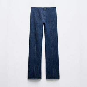 Zara Blue Denim  Z1975 STRAIGHT-FIT MID-RISE LONG LENGTH JEANS